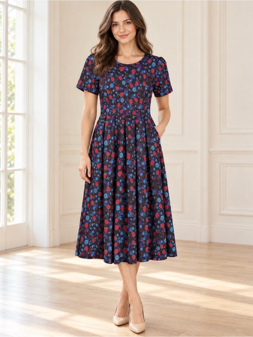 LulaRoe Amelia Black Floral Print Short Sleeve Midi Dress Size Small